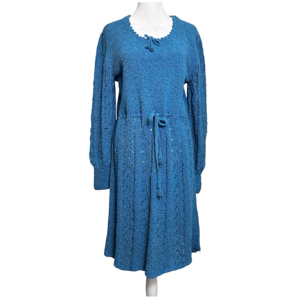 Vintage Blue Crochet Knit Dress with Tie Waist – Size 14 - Picture 1 of 11